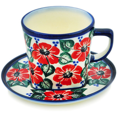 Polish Pottery Cup with Saucer 5 oz Poppies Meadow UNIKAT
