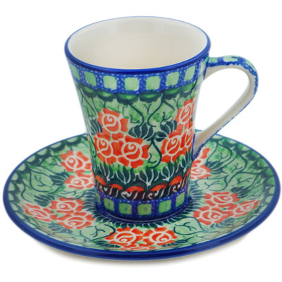 Polish Pottery Cup with Saucer 5 oz Red Impatiens UNIKAT