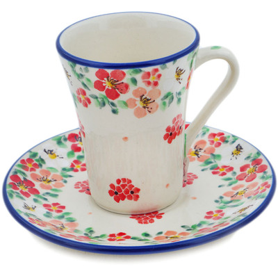 Polish Pottery Cup with Saucer 5 oz Rosey Starburst Poppy UNIKAT
