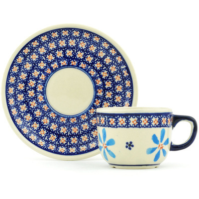 Polish Pottery Cup with Saucer 5 oz Spinning Daisies