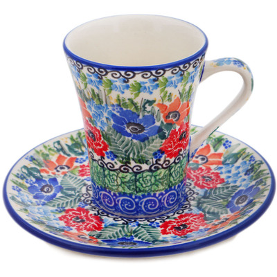 Polish Pottery Cup with Saucer 5 oz Spring Meadow UNIKAT