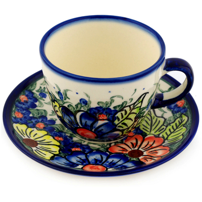 Polish Pottery Cup with Saucer 5 oz Summertime Blues UNIKAT