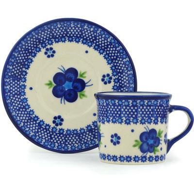 Polish Pottery Cup with Saucer 6 oz Bleu-belle Fleur