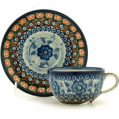 Polish Pottery Cup with Saucer 6 oz Dancing Blue Poppies UNIKAT