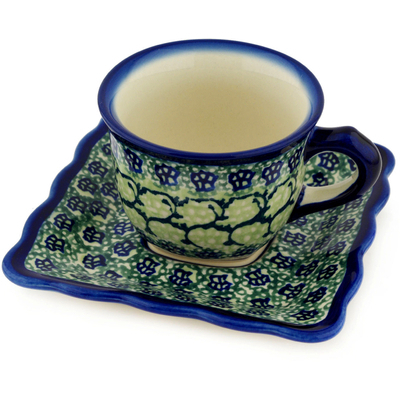 Polish Pottery Cup with Saucer 6 oz Emerald Forest