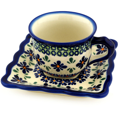 Polish Pottery Cup with Saucer 6 oz Gingham Flowers