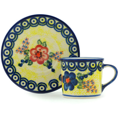 Polish Pottery Cup with Saucer 6 oz Neon Poppies