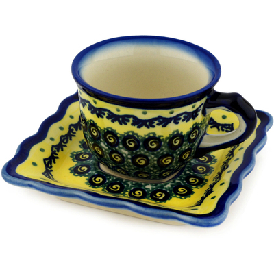 Polish Pottery Cup with Saucer 6 oz Peacock Bumble Bee