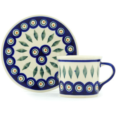 Polish Pottery Cup with Saucer 6 oz Peacock