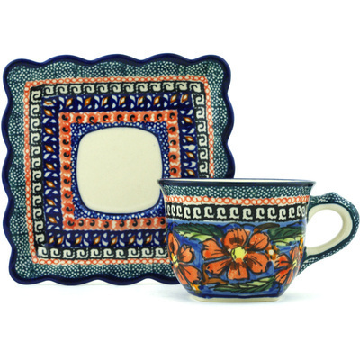 Polish Pottery Cup with Saucer 6 oz Poppies UNIKAT