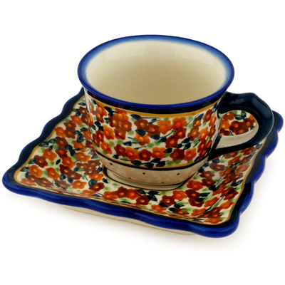 Polish Pottery Cup with Saucer 6 oz Russett Floral