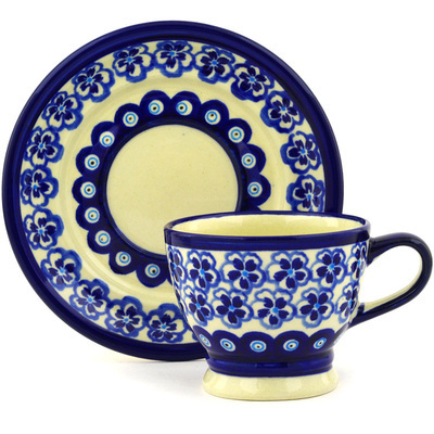 Polish Pottery Cup with Saucer 7 oz Aloha Blue