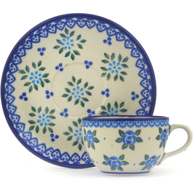 Polish Pottery Cup with Saucer 7 oz Aster Dots