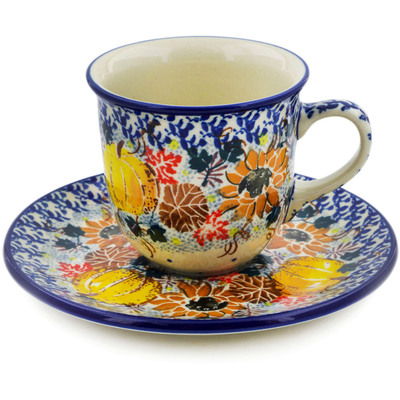 Polish Pottery Cup with Saucer 7 oz Autumn Falling Leaves UNIKAT