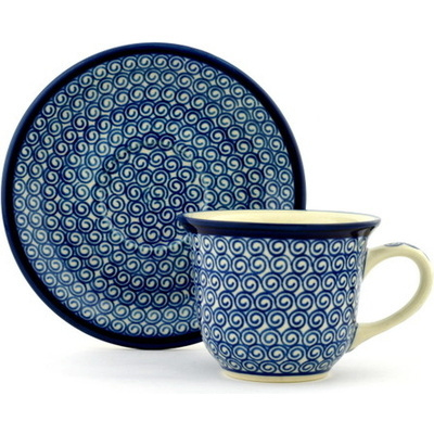 Polish Pottery Cup with Saucer 7 oz Baltic Blue