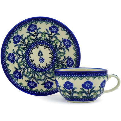 Polish Pottery Cup with Saucer 7 oz Blackberry Blooms