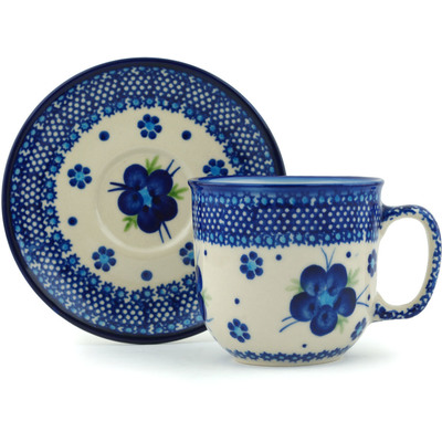 Polish Pottery Cup with Saucer 7 oz Bleu-belle Fleur