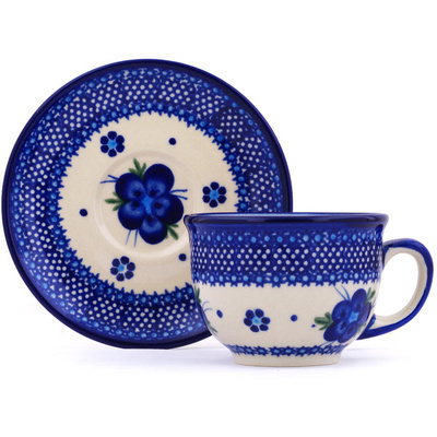 Polish Pottery Cup with Saucer 7 oz Bleu-belle Fleur