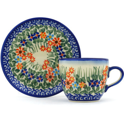 Polish Pottery Cup with Saucer 7 oz Blissful Daisy