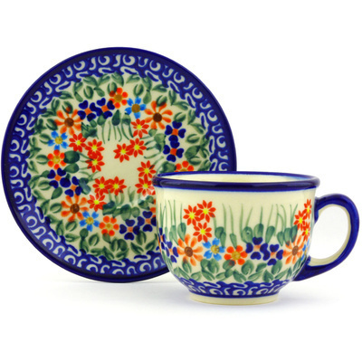 Polish Pottery Cup with Saucer 7 oz Blissful Daisy
