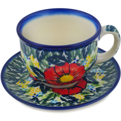 Polish Pottery Cup with Saucer 7 oz Bloom Tales UNIKAT