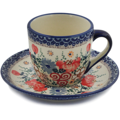 Polish Pottery Cup with Saucer 7 oz Blossom Finest UNIKAT