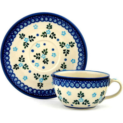 Polish Pottery Cup with Saucer 7 oz Blue Alysum Patch