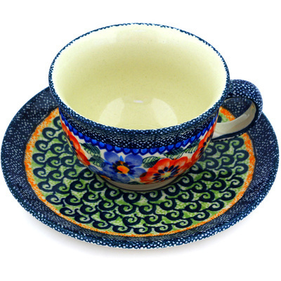 Polish Pottery Cup with Saucer 7 oz Blue And Red Poppies UNIKAT