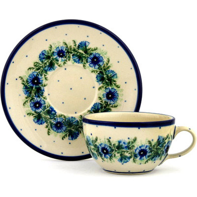 Polish Pottery Cup with Saucer 7 oz Blue Bell Wreath