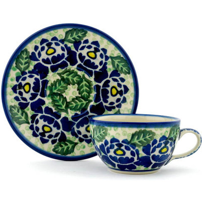 Polish Pottery Cup with Saucer 7 oz Blue Bliss