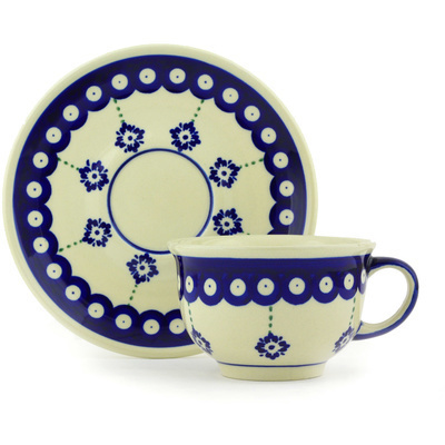Polish Pottery Cup with Saucer 7 oz Blue Boutonniere