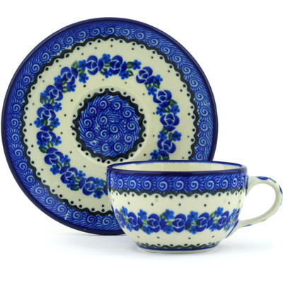 Polish Pottery Cup with Saucer 7 oz Blue Bud Sea