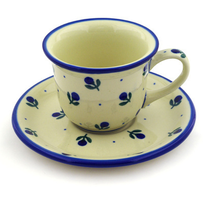 Polish Pottery Cup with Saucer 7 oz Blue Buds