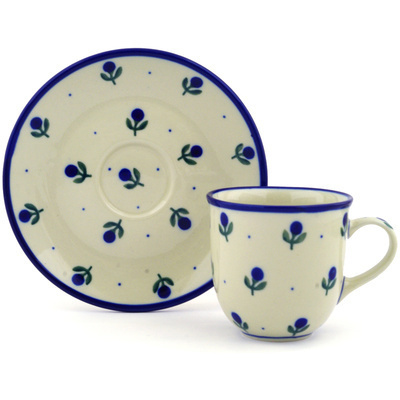 Polish Pottery Cup with Saucer 7 oz Blue Buds