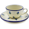 Polish Pottery Cup with Saucer 7 oz Blue Buds