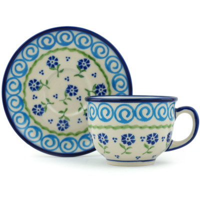 Polish Pottery Cup with Saucer 7 oz Blue Bursts