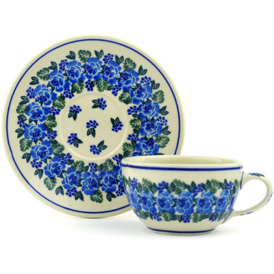 Polish Pottery Cup with Saucer 7 oz Blue Carnation