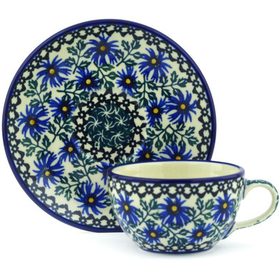 Polish Pottery Cup with Saucer 7 oz Blue Chicory