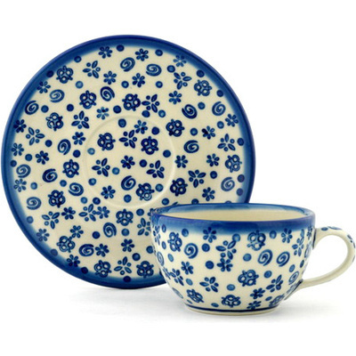 Polish Pottery Cup with Saucer 7 oz Blue Confetti