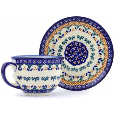 Polish Pottery Cup with Saucer 7 oz Blue Cress