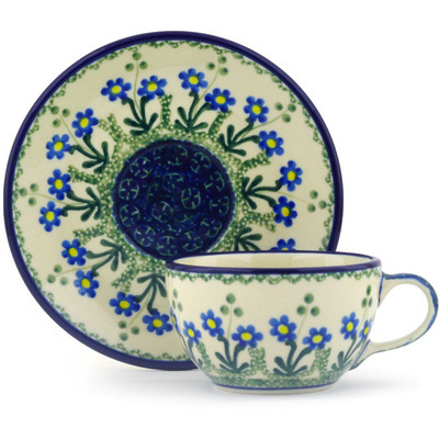 Polish Pottery Cup with Saucer 7 oz Blue Daisy Circle