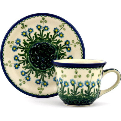 Polish Pottery Cup with Saucer 7 oz Blue Daisy Circle