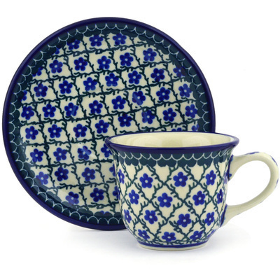 Polish Pottery Cup with Saucer 7 oz Blue Daisy Trellis