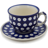 Polish Pottery Cup with Saucer 7 oz Blue Eyed Peacock