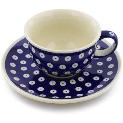 Polish Pottery Cup with Saucer 7 oz Blue Eyes