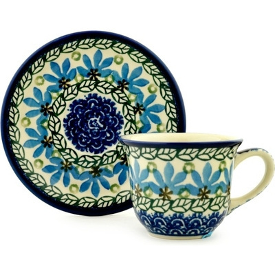 Polish Pottery Cup with Saucer 7 oz Blue Fan Flowers