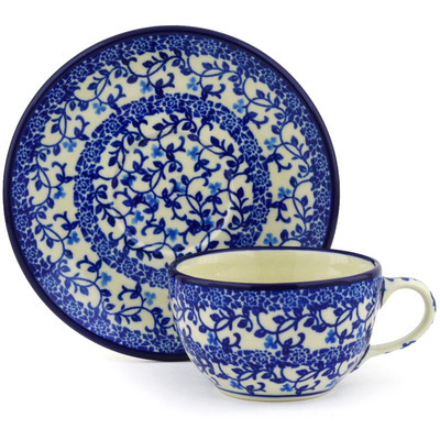 Polish Pottery Cup with Saucer 7 oz Blue Floral Lace
