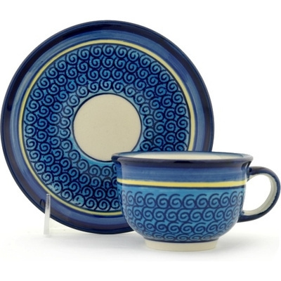 Polish Pottery Cup with Saucer 7 oz Blue Galaxy
