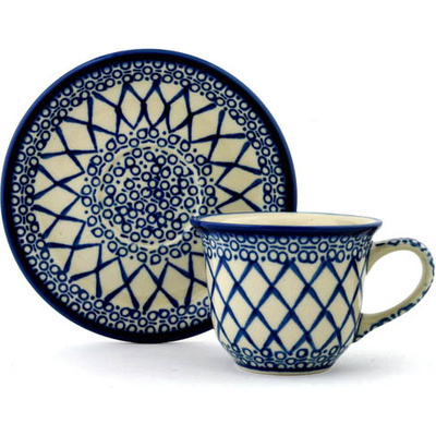 Polish Pottery Cup with Saucer 7 oz Blue Harmony