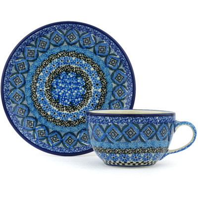 Polish Pottery Cup with Saucer 7 oz Blue Kaleidoscope UNIKAT